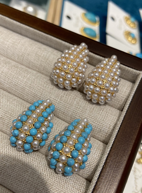 HECHENG饰品气质高级感铜镶小米珠珍珠C形耳钉小众宽面水滴形耳