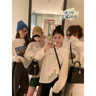 春季 宽松百搭显瘦圆领打底衫 EKOOL定制印花磨毛T恤女长袖 新款 韩版