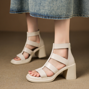 粗跟高跟镂空罗马凉鞋 头层牛皮7cm高跟 女夏季 露趾凉鞋 罗马风时尚