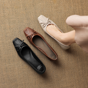 女粗跟百搭玛丽珍鞋 复古风方头蝴蝶结浅口单鞋 法式 羊皮2cm低跟