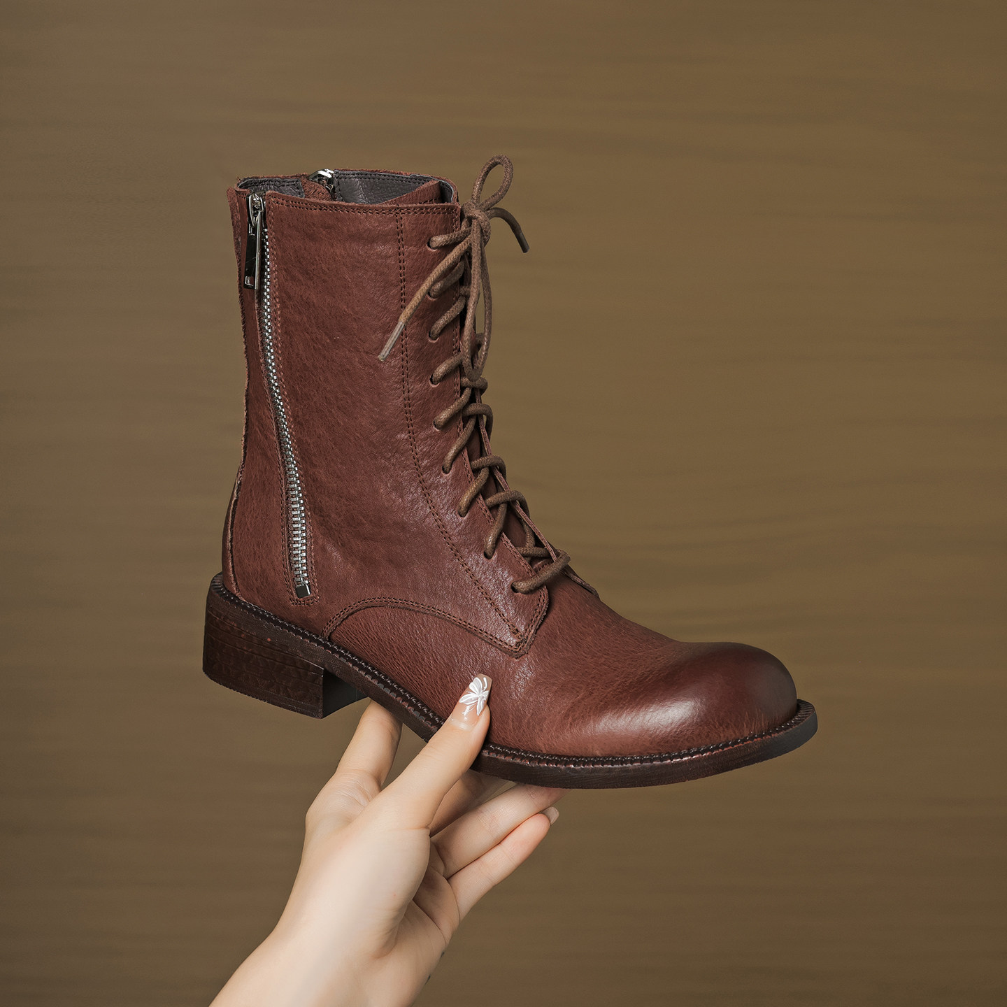 英伦复古双拉链马皮系带马丁靴女圆头机车靴真皮短靴秋冬新款加绒