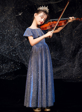 大童礼服小提琴表演优雅蓝色女童简约洋气钢琴考级亮片走秀演出服