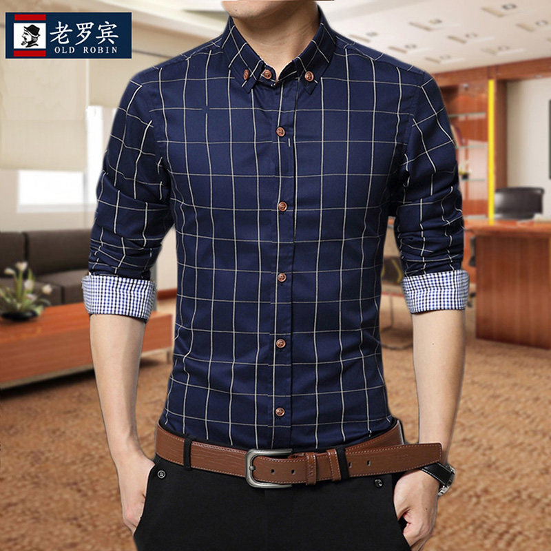 春夏季薄款男士长袖衬衫商务休闲棉衬衣小格子韩版修身男装寸衫