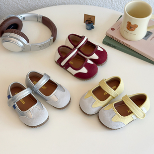 女童绒面拼接小皮鞋春秋季2026年儿童公主鞋女孩子单鞋中小童鞋子