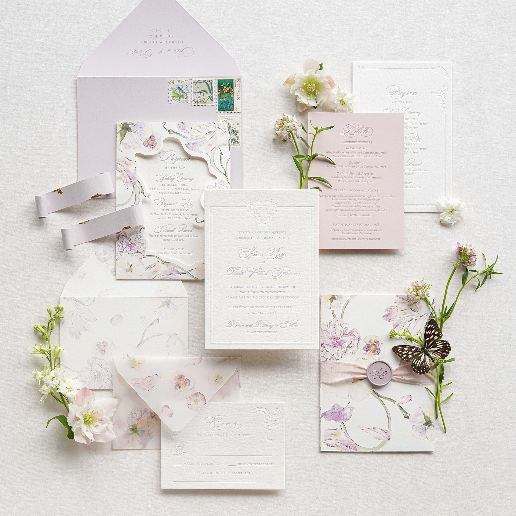 Letterpress棉纸凸版印刷淡紫色手绘水彩婚礼喜帖邀请函请柬定制