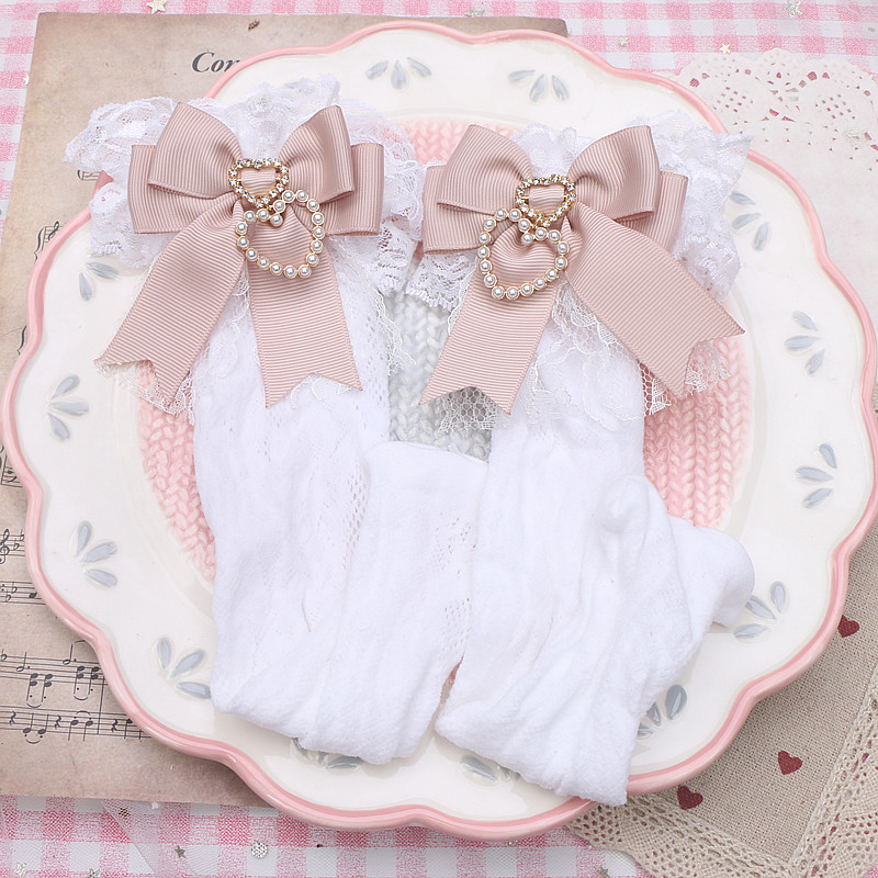 thumbnail for Pearl family handmade sweet Lolita bow pearl love heart pendant lace medium tube short socks
