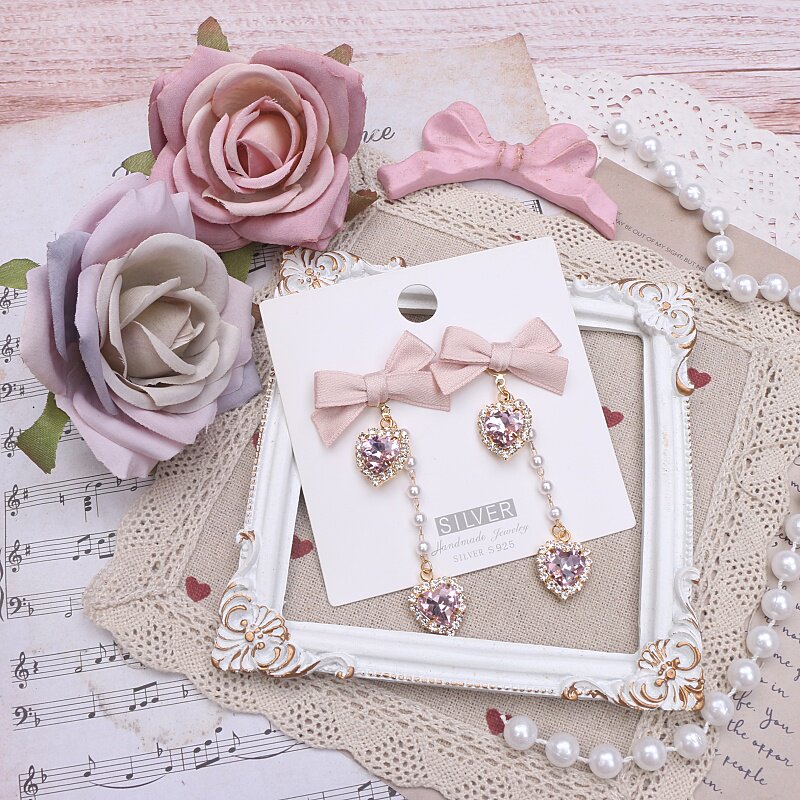 thumbnail for Beads handmade Japanese sweet lady bow pearl chain love rhinestone pendant earrings earrings 925 silver needle
