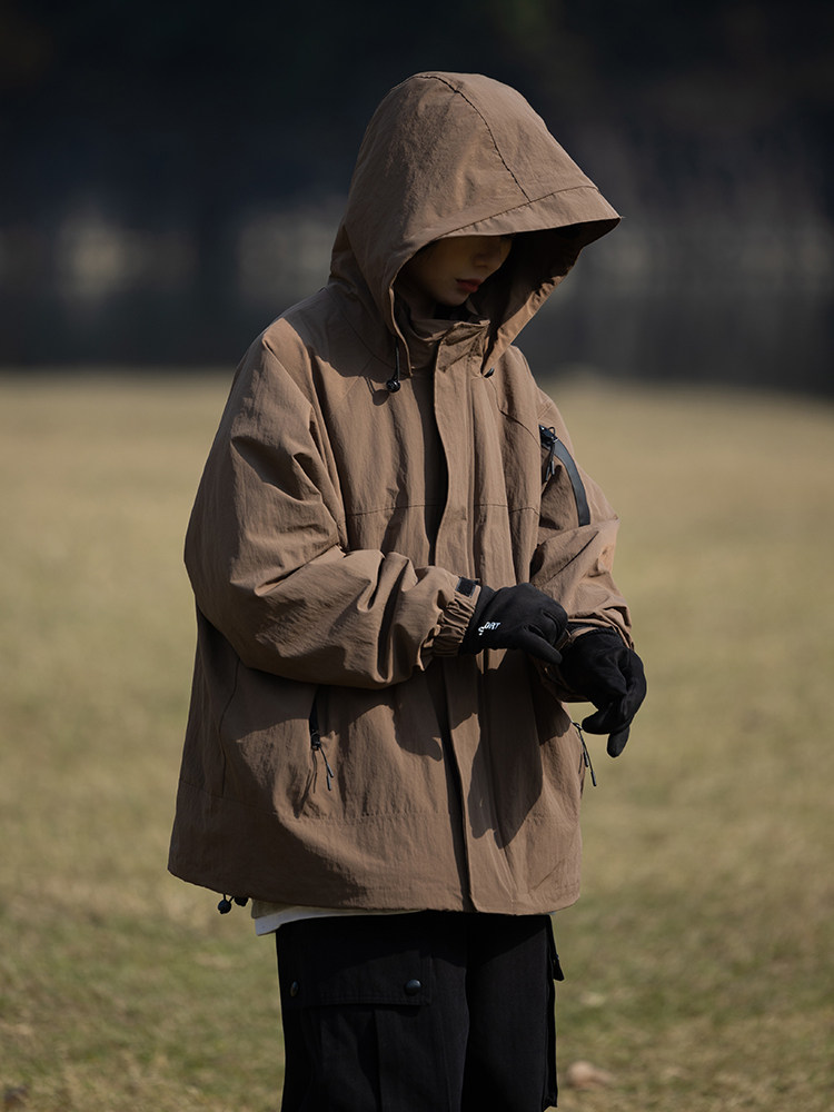 秋冬山系户外加厚保暖两件套连帽夹克男立领羊羔毛内胆宽松休闲潮