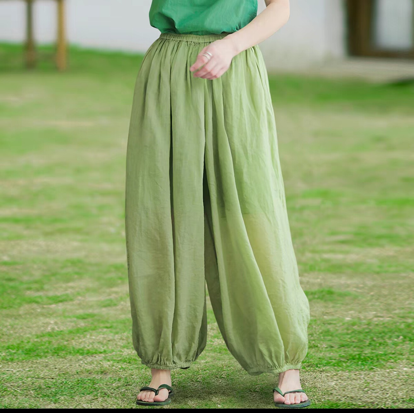 高品质苎麻灯笼裤女2026夏季新款时尚百搭宽松花边拼接休闲九分裤
