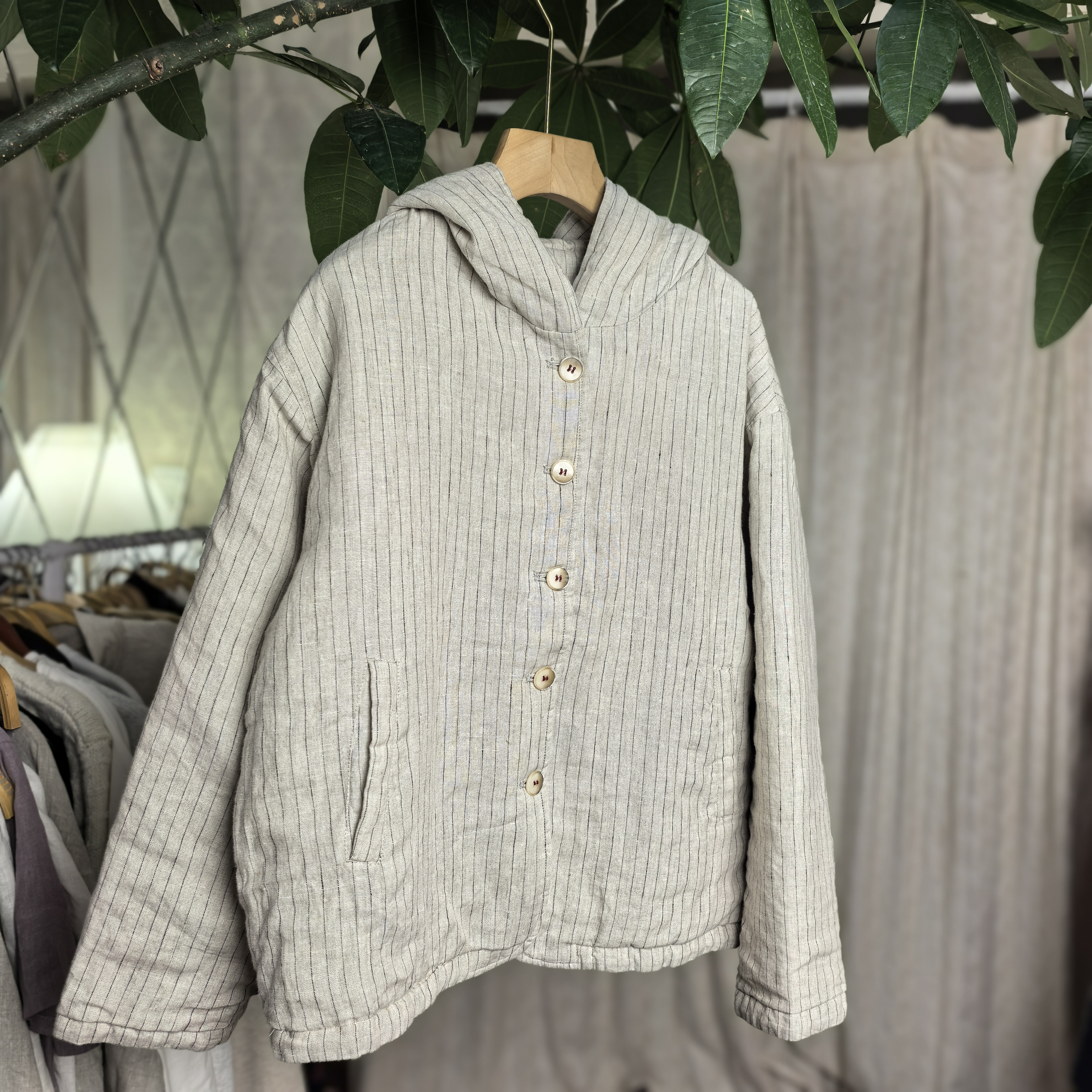 沐麻织造冬季加厚100%汉麻雨露麻条纹棉服连帽棉衣外套2025新款