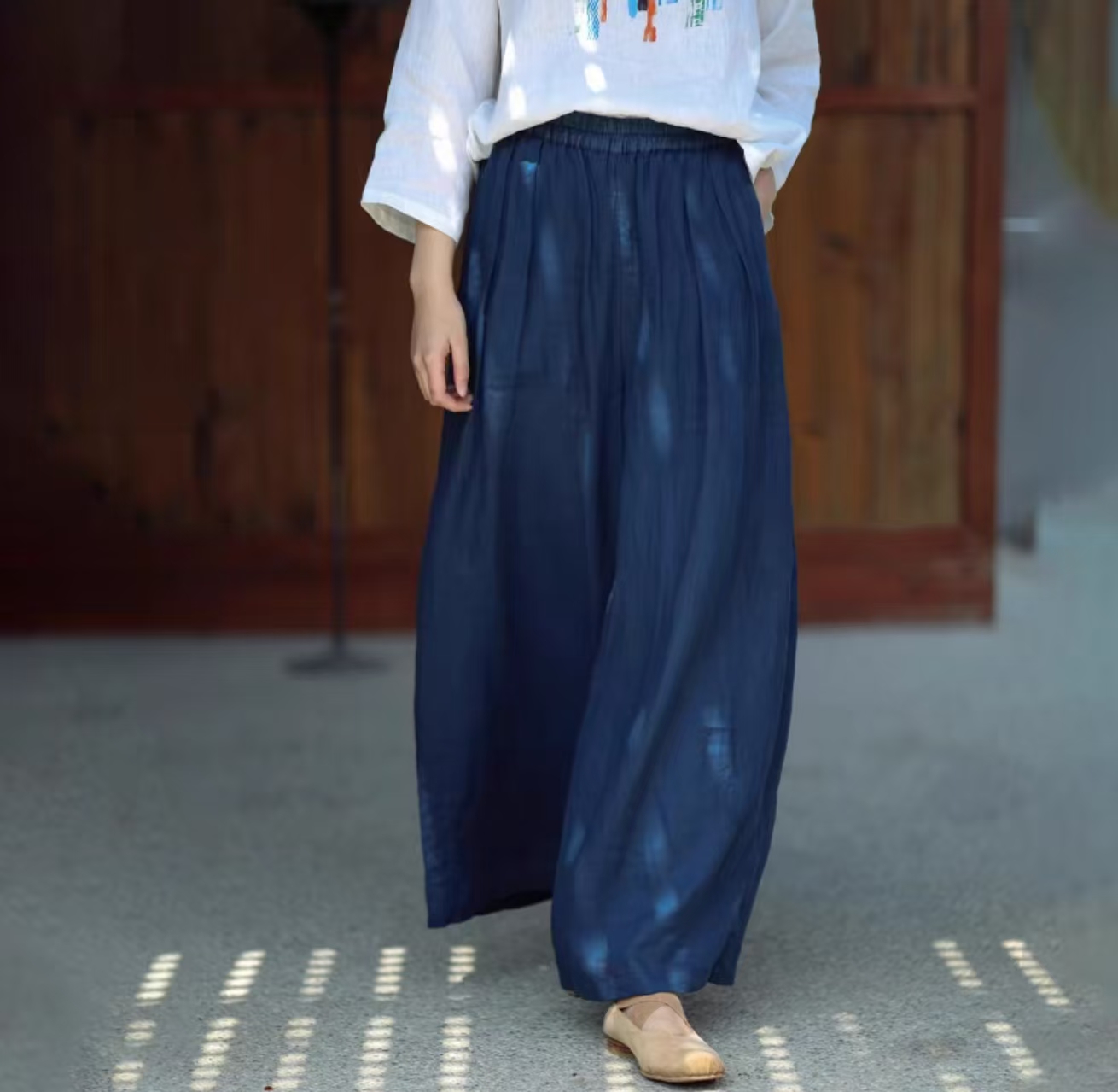 新國風100%精紡亞麻裙褲 長褲百搭松緊腰白色休閑裙褲女