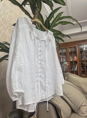 新款法式纯麻刺绣小衫绝美上衣女高级感轻奢减龄洋气百搭白色衬衫