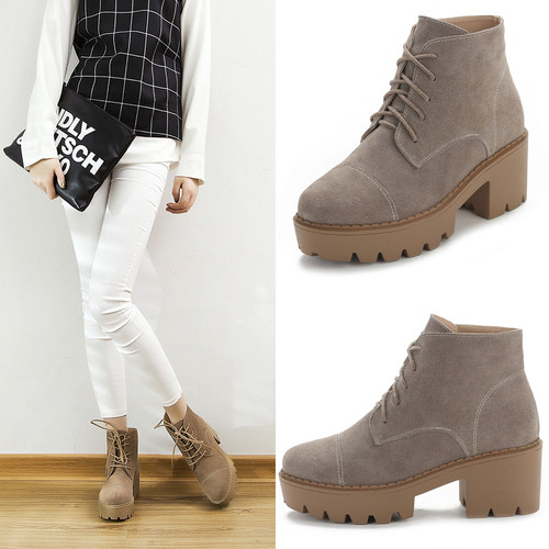 磨砂牛皮系带休闲鞋 厚加绒马丁靴圆头舒适厚底牛反绒防水台短靴