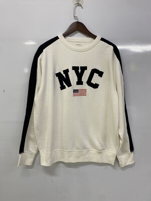 欧美单男士厚实毛圈棉卫衣袖子黑白拼色 胸前字母贴布绣 宽松休闲