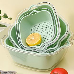 加厚款 透明沥水洗菜盆厨房多功能洗果蔬沥水篮8件套家用碗盘套装