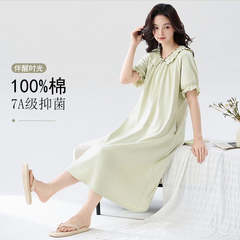 A类抗菌睡裙女夏季纯棉短袖连衣睡袍/浴袍