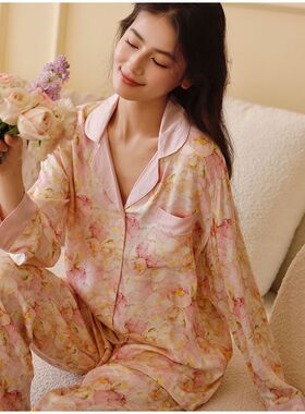 女士四季款法式花卉紫色玫瑰印花人棉贡缎家居服舒适长袖睡衣套装