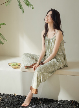 2026夏季时尚睡衣女吊带九分裤套装绿色扎染莫代尔棉可外穿家居服