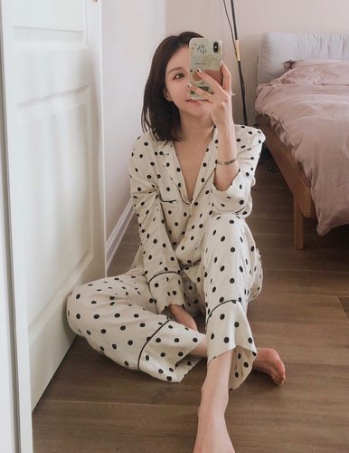 西班牙o家波点燕麦睡衣棉绸情侣