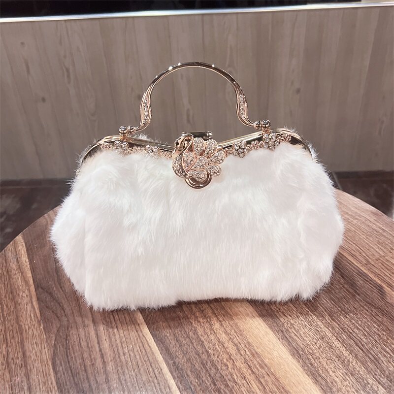 秋冬季新款兔毛手提包时尚百搭斜跨女包小众毛毛镶钻单肩包高级感