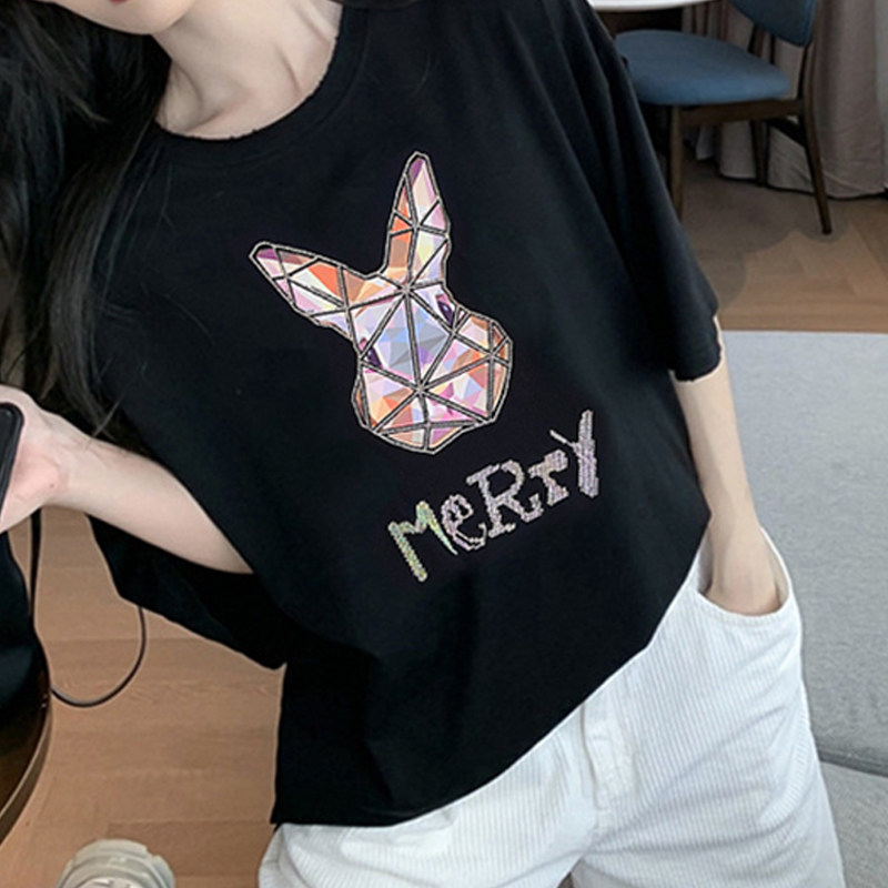 短袖韩版百搭薄款烫钻棉女包邮