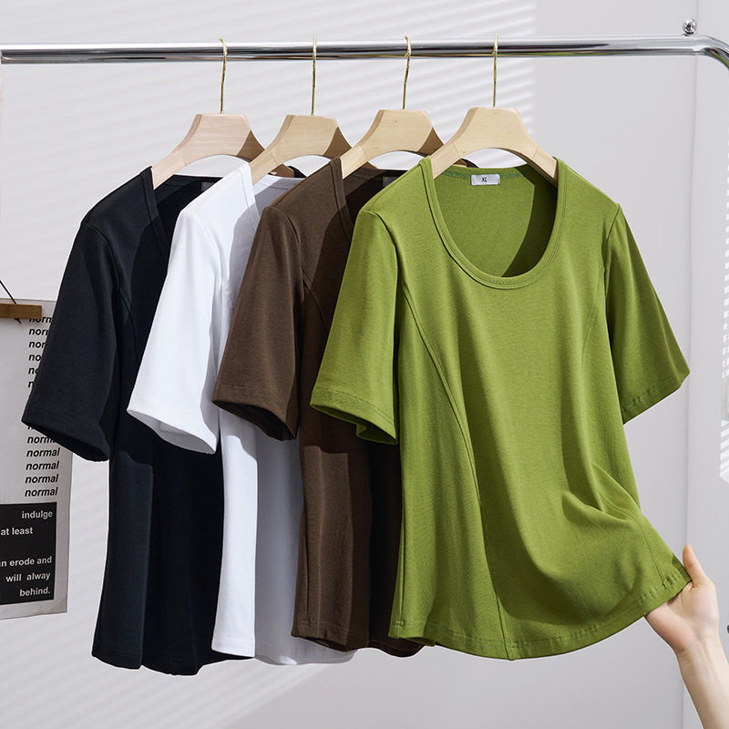 夏季新款胖MM特大码女装蚂蚁腰修身圆领休闲正肩T恤短袖上衣
