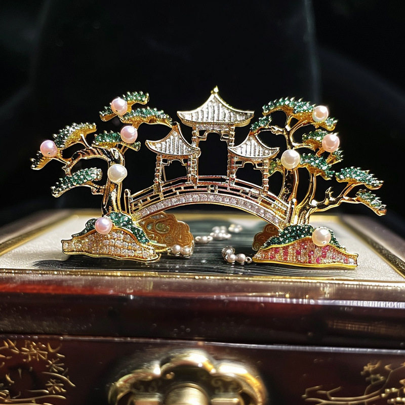 千族银 原创珍珠珐琅凉亭小桥金属首饰古董工艺品家居摆件