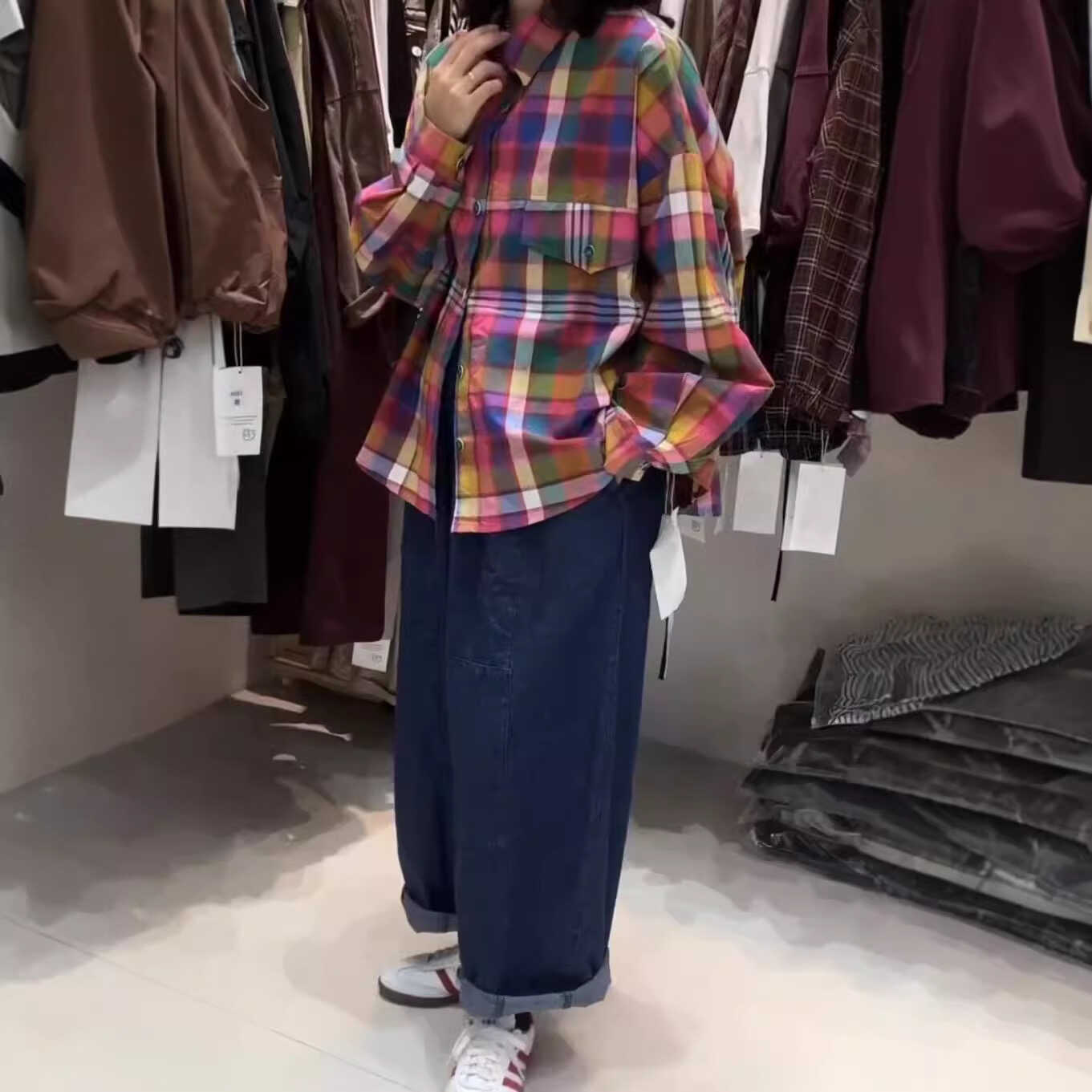 简一6079美式复古彩虹色格子衬衫女宽松百搭多巴胺穿搭衬衣上衣