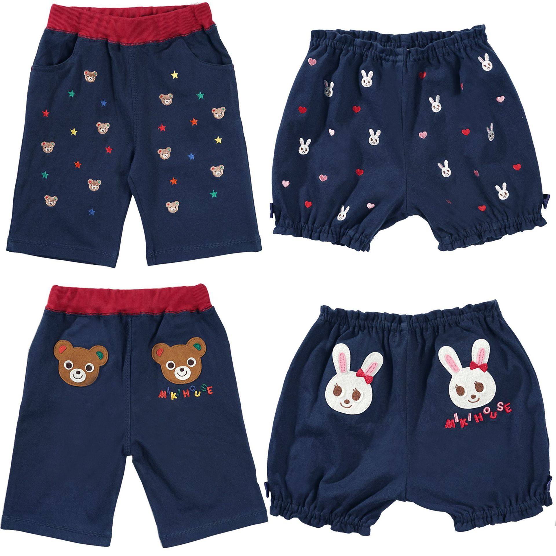 mikiumkee夏装日系中小男女儿童裤全棉可爱熊兔满绣灯笼七分短裤