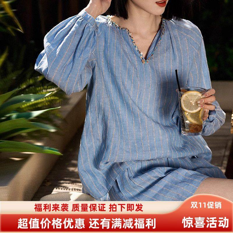 清凉亚麻衬衫+短裤套装 设计感衬衫热裤条纹蓝白色小上衣女装夏季