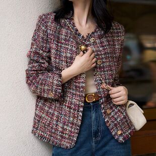 圆领通勤显瘦春新款 上市富贵花复古典雅雾棕玫瑰毛须边香风短外套
