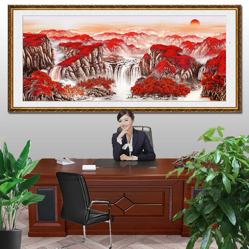 旭日东升鸿运当头黄山迎客松流水瀑布国画聚宝盆风景客厅自粘贴画