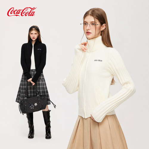 Coca-Cola/可口可乐秋冬毛衣女修身显瘦高领拉链立领针织衫外套