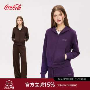 Coca-Cola/可口可乐秋冬绒感卫衣套装女休闲纯色帽衫拉链开衫外套