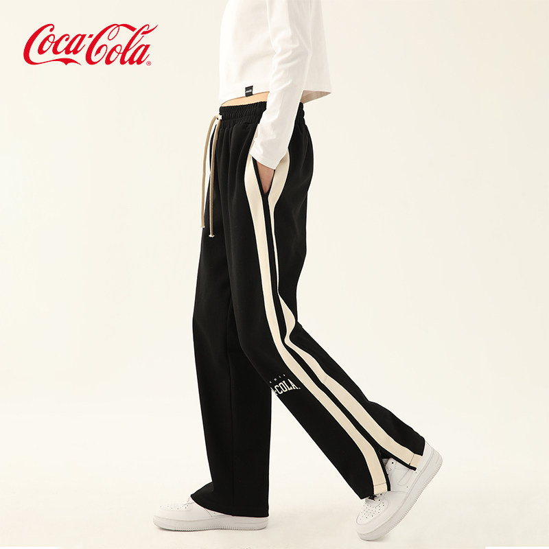 coca-cola/可口可乐休闲裤男不对称美式拉链直筒拖地裤情侣运动裤