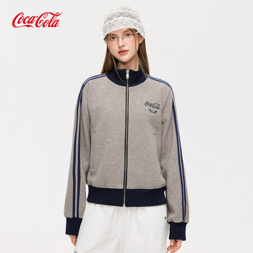 Coca-Cola/可口可乐秋季立领夹克女华夫格运动休闲两条杠上衣外套