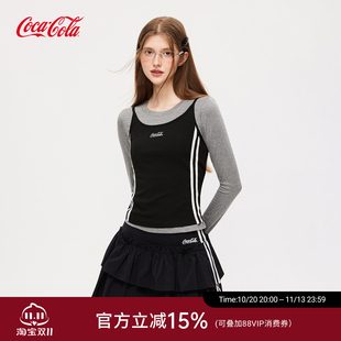 Coca-Cola/可口可乐早秋长袖T恤女吊带两件套显瘦运动打底上衣薄