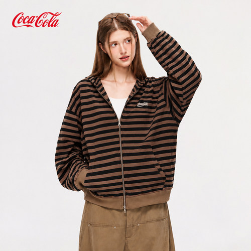 Coca-Cola/可口可乐条纹卫衣女秋季连帽上衣宽松百搭开衫外套男