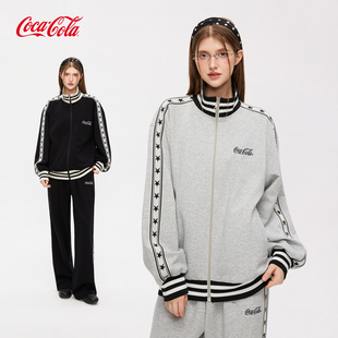 Coca-Cola/可口可乐秋季卫衣套装女星星织带美式立领夹克男两件套