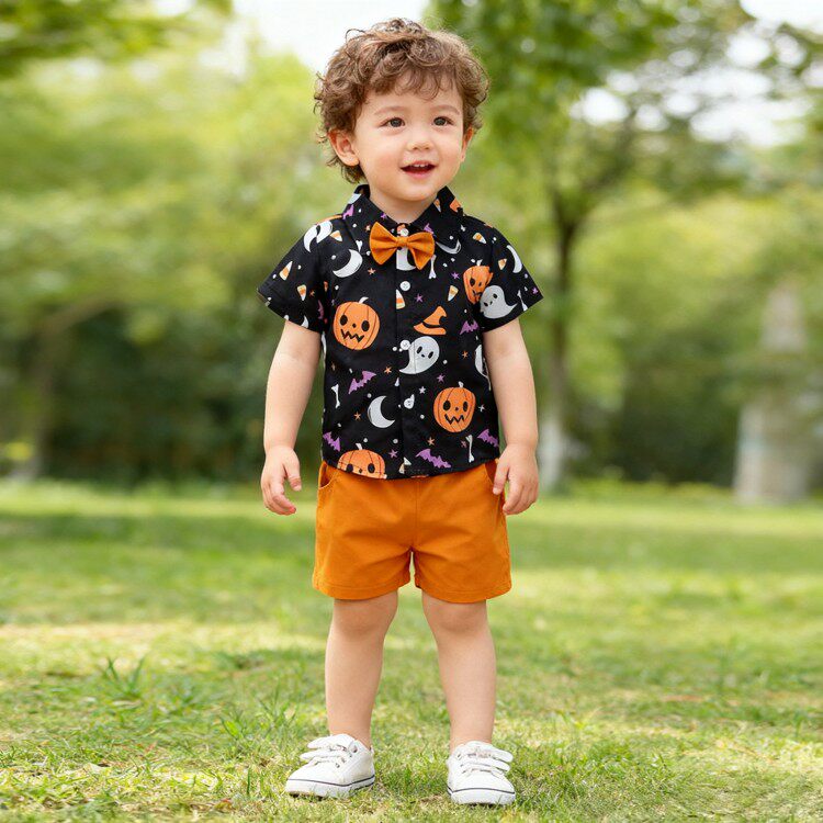 万圣节儿童服装男童南瓜幽灵短袖短裤套装幼儿园宝宝节日礼服夏季