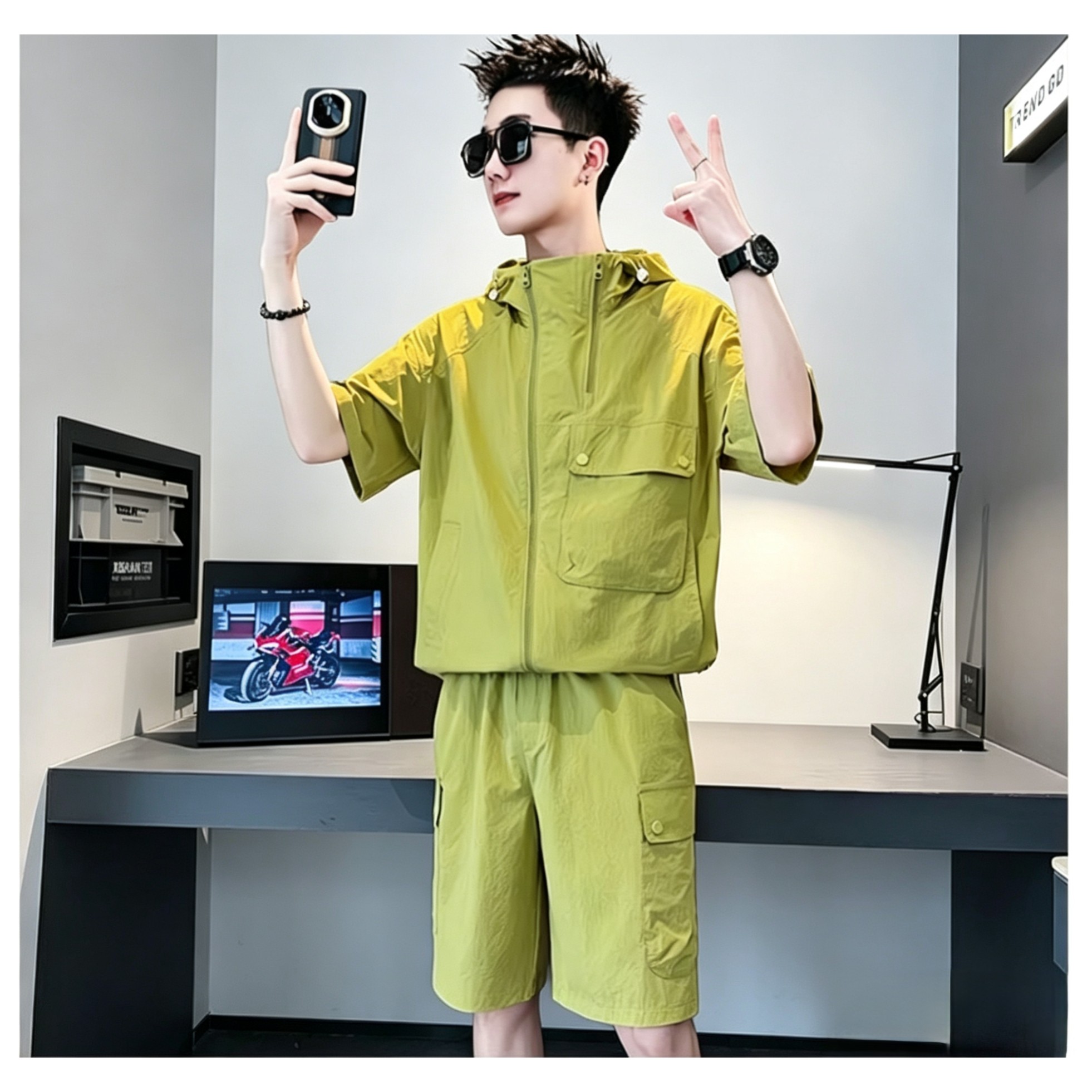 夏季薄款速干时尚连帽短袖短裤一套男2026新款流行帅气休闲套装潮