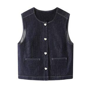 圆领无袖 柜379 新款 牛仔马甲女2026夏季 别致背心马夹 小个子短款