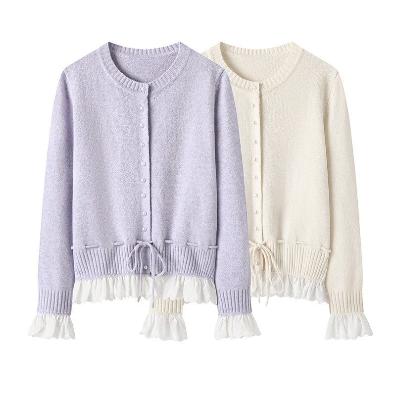 影系の软糯紫色针织开衫女2025秋新款时尚百搭蕾丝拼接假两件毛衣