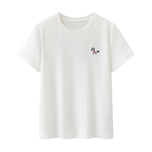 百搭卡通小马刺绣圆领正肩白色短袖 彩系 时尚 新款 T恤女 2026夏季