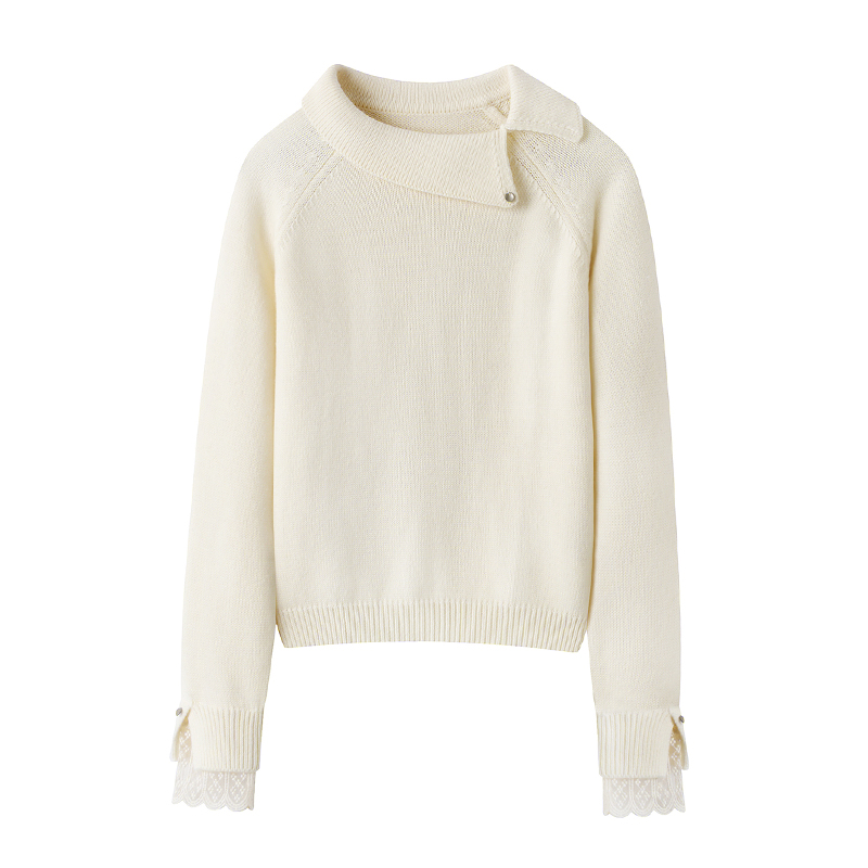 影系の翻领羊毛软糯针织衫女2025秋冬季新款长袖蕾丝拼接套头毛衣