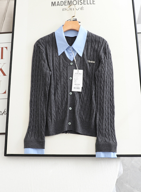 伊系の2025秋季气质撞色POLO领假两件学院风绞花针织衫女灰色毛衣