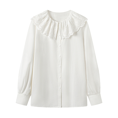 阔系の2025秋季新款高级感设计时尚百搭娃娃领白色长袖衬衫女上衣