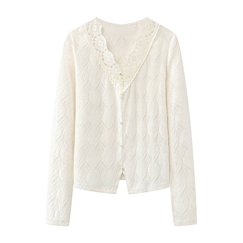 影系の蕾丝v领衬衫女长袖2025秋季新款气质收腰显瘦法式针织上衣