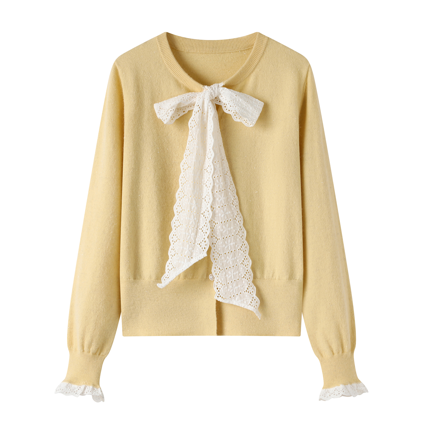 影系の蝴蝶结系带鹅黄色针织衫女2025秋新款甜美正肩圆领开衫上衣