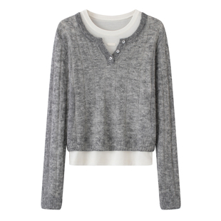 鸟+の2025冬季新款时尚百搭两件套V领针织叠穿百搭套头毛衣上衣女